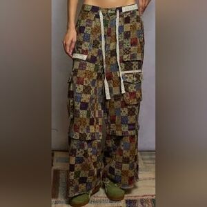 POL Floral Patchwork Twill Square Wide Leg Pants Pockets NWT